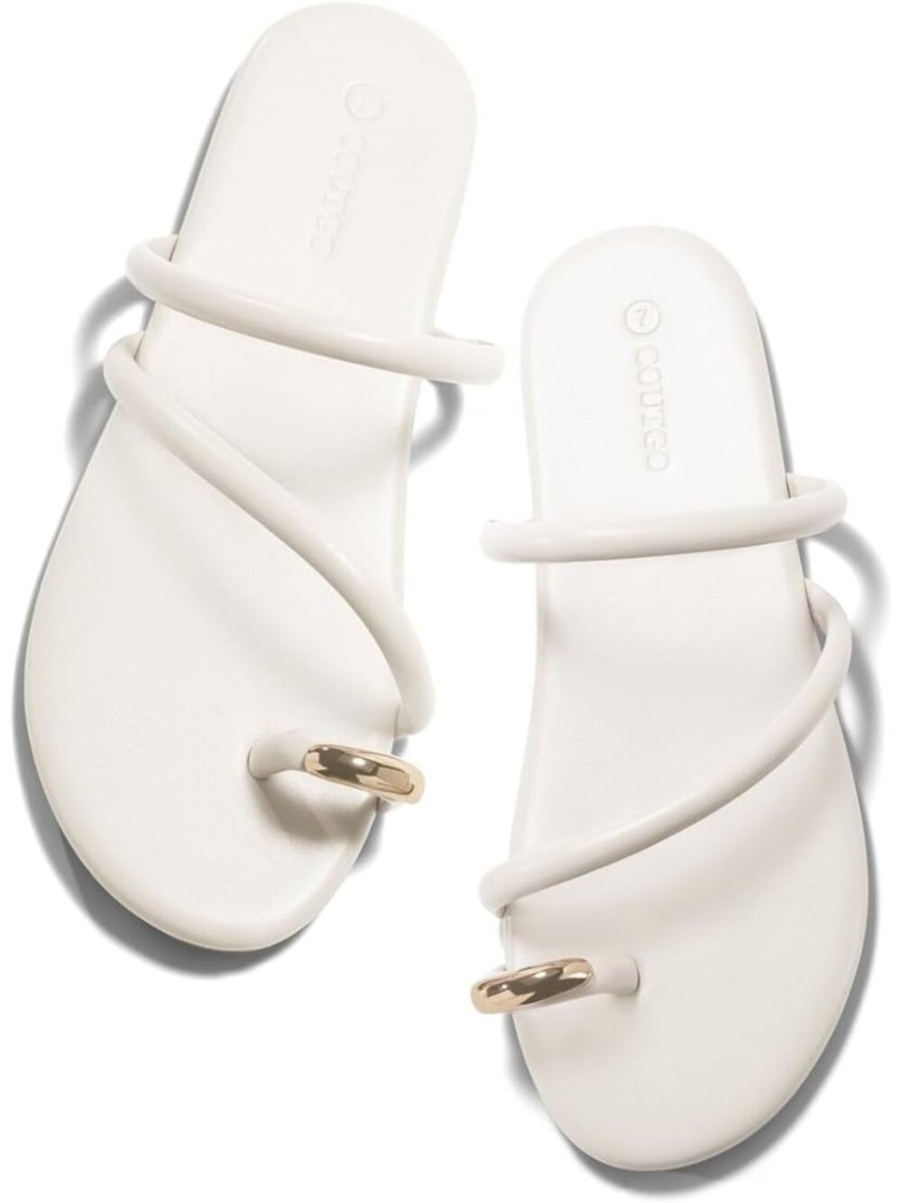 🆕 Women's White Toe Loop Flat Sandals Strappy Gold Detail Summer Slide Shoes